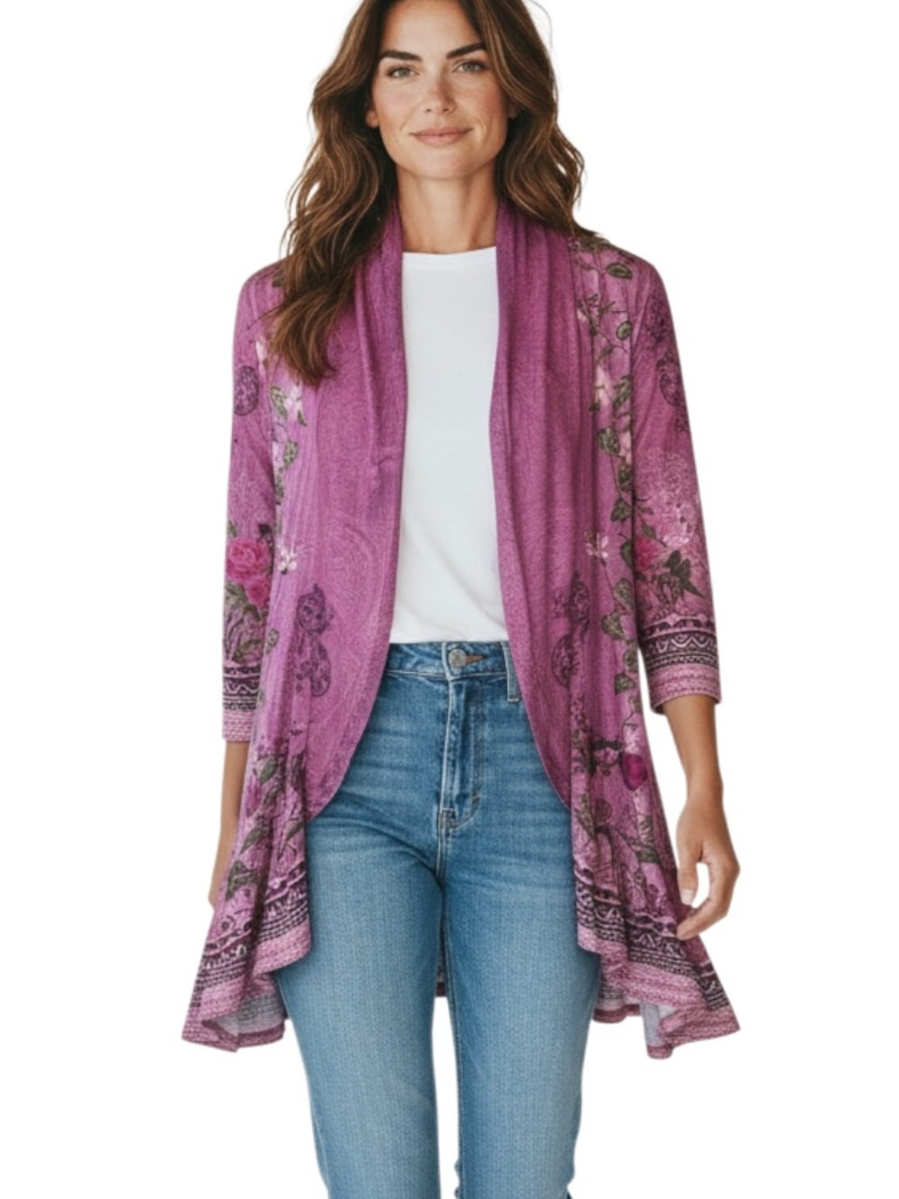 zeagoo Purple Floral Open-Front Drape Cardigan